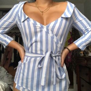 White and blue stripped blouse/ off the shoulder
